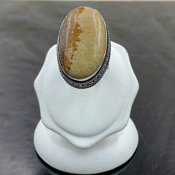 Vtg Sterling Silver Ring With Polished Oval Picture Jasper Stone. - Picture 3 of 10